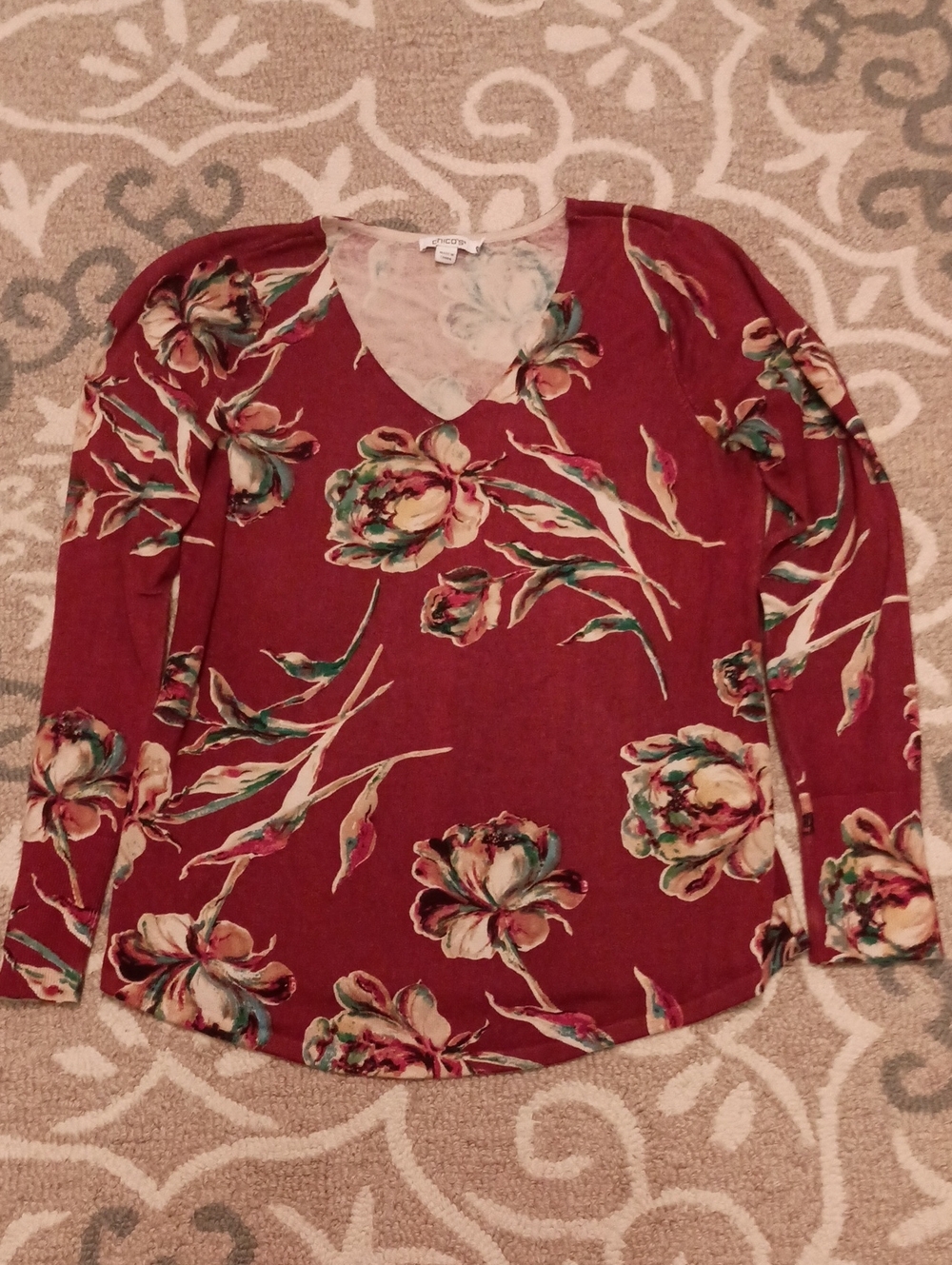 Chico's Floral V-Neck Lightweight Sweater